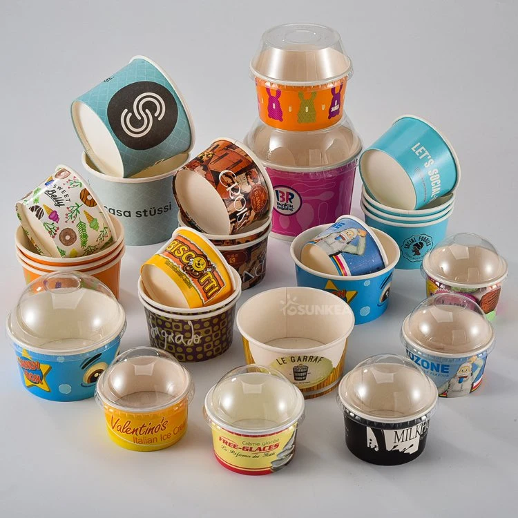 Disposable Customized Printed Paper Tubs for Ice Cream Packaging Cup with Plastic Lid