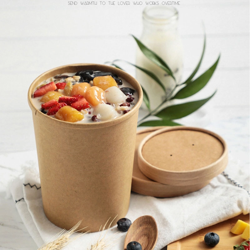 Factory Price Disposable 32oz Kraft Paper Soups Snacks Bowl Take Away Packaging Paper Bucket with Lids Can Be Customized