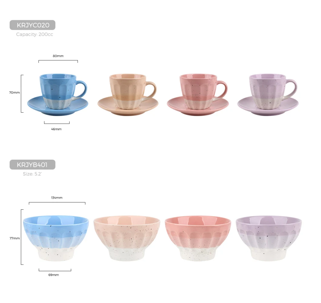 Kalring Best Selling Embossed Design 200cc 7oz Coffee Cup&Sacuer Ice Cream Color Glazed with Black Spot for Supermarket