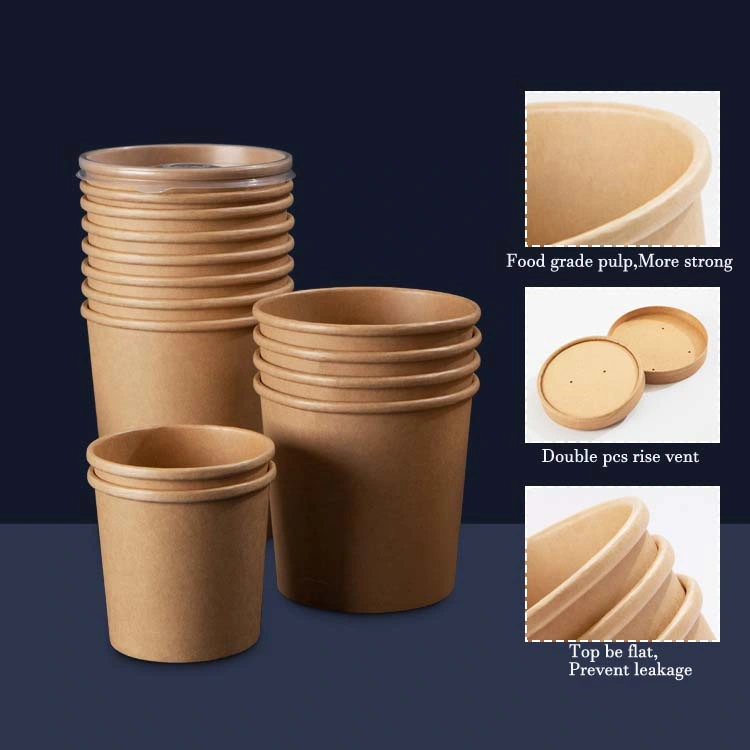16oz with Paper Lids Eco-Friendly Kraft Paper Packaging Round Salad Paper Bowl Set Hot Soup Cups