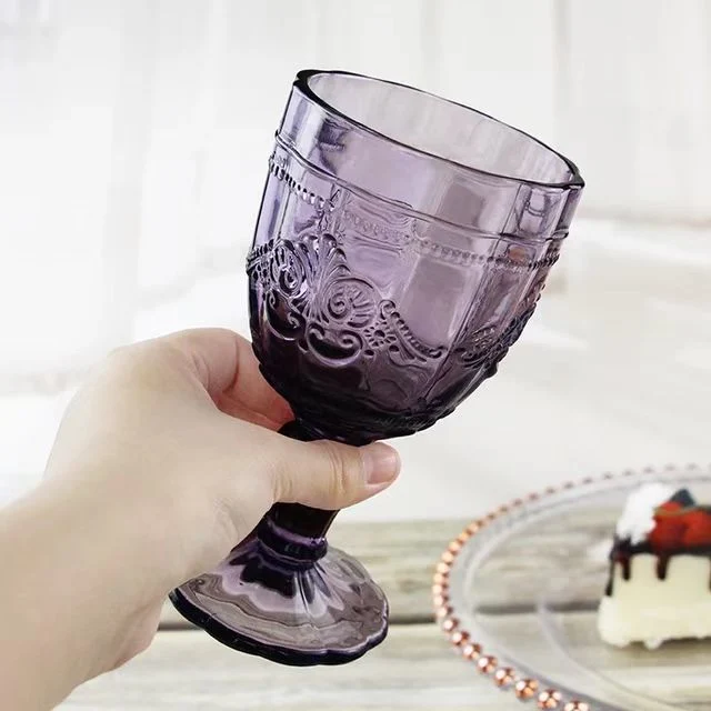 Personalized Embossed Wedding Machine Pressed Vintage Wedding Thick Colored Purple Glass Goblets Red Wine Glasses Water Cup